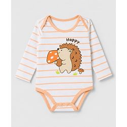 Babyhug 100% Cotton Interlock Knit Full Sleeves Striped Onesies With Animal Print Pack of 3 - White, Light Green & Orange