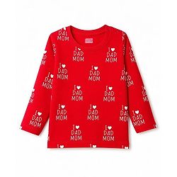 Babyhug 100% Cotton Knit Full Sleeves Text Printed Co-Ords T-Shirt & Pyjama Night Suit - Red