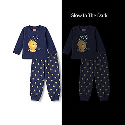 Babyhug Cotton Knit Full Sleeves Lion Printed T-Shirt & Pyjama Night Suit with Glow In Dark Effect - Navy