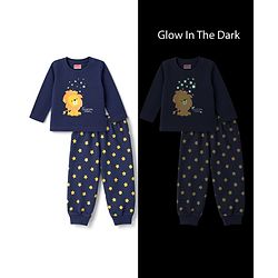 Babyhug Cotton Knit Full Sleeves Lion Printed T-Shirt & Pyjama Night Suit with Glow In Dark Effect - Navy