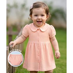 Babyhug Waffle Knit Half Sleeves Frock with Bloomer - Peach