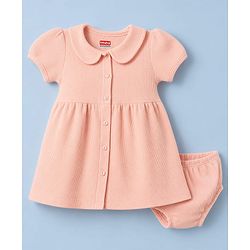 Babyhug Waffle Knit Half Sleeves Frock with Bloomer - Peach