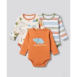 Babyhug 100% Cotton Knit Full Sleeves Striped Onesies With Animal & Text Print Pack of 3 - Orange & White