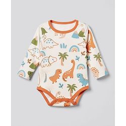 Babyhug 100% Cotton Knit Full Sleeves Striped Onesies With Animal & Text Print Pack of 3 - Orange & White