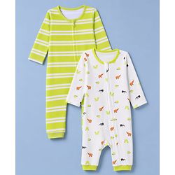 Babyhug 100% Cotton Interlock Knit Full Sleeves Striped Romper with Dino Print Pack Of 2 - Neon Green & White