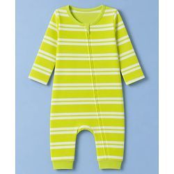 Babyhug 100% Cotton Interlock Knit Full Sleeves Striped Romper with Dino Print Pack Of 2 - Neon Green & White