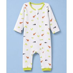 Babyhug 100% Cotton Interlock Knit Full Sleeves Striped Romper with Dino Print Pack Of 2 - Neon Green & White
