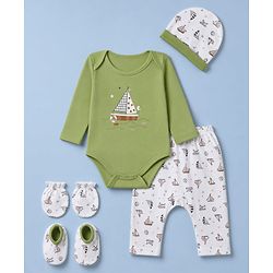 Babyhug 100% Cotton Knit Full Sleeves Nautical Theme Printed Onesie With Leggings & Cap Mittens & Booties Set - Green