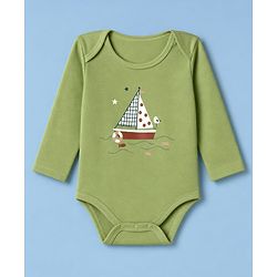 Babyhug 100% Cotton Knit Full Sleeves Nautical Theme Printed Onesie With Leggings & Cap Mittens & Booties Set - Green