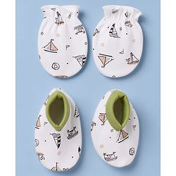 Babyhug 100% Cotton Knit Full Sleeves Nautical Theme Printed Onesie With Leggings & Cap Mittens & Booties Set - Green