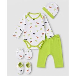 Babyhug 100% Cotton Interlock Knit Full Sleeves Animal Printed Onesies with Leggings & Cap Mittens and Booties - Light Green