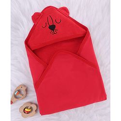 Babyhug Cotton Terry Knit Hooded Towel With Animal Embroidery L 76 x B 76 cm - Red