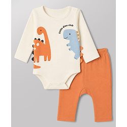 Babyhug 100% Cotton Interlock Knit Full Sleeves Onesies with Leggings & Animal Print - Offwhite & Orange