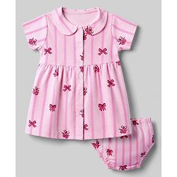 Babyhug Interlock Knit Knee Length Half Sleeves Frock with Bloomer and Cherry Print in Pink