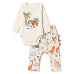 Babyhug 100% Cotton Interlock Knit Dino Printed Onesie With Leggings - Offwhite
