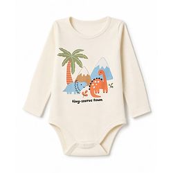 Babyhug 100% Cotton Interlock Knit Dino Printed Onesie With Leggings - Offwhite
