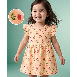 Babyhug Interlock Knit Frill Sleeves Dress with Cherry Print in Pink