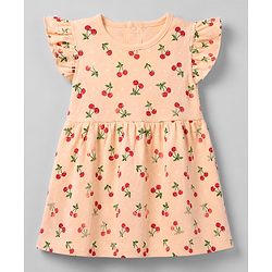 Babyhug Interlock Knit Frill Sleeves Dress with Cherry Print in Pink