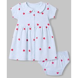 Babyhug Interlock Knit Cotton Half Sleeves Frocks with Bloomer & Heart Print - Light Blue