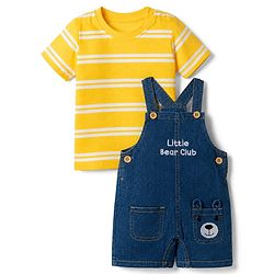 Babyhug Single Jersey Knit Half Sleeves Striped Tee With Bear Face & Text Embroidered Denim Dungaree - Navy & Yellow
