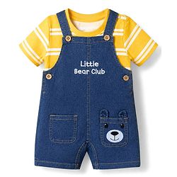 Babyhug Single Jersey Knit Half Sleeves Striped Tee With Bear Face & Text Embroidered Denim Dungaree - Navy & Yellow