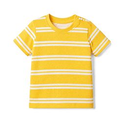 Babyhug Single Jersey Knit Half Sleeves Striped Tee With Bear Face & Text Embroidered Denim Dungaree - Navy & Yellow
