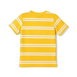 Babyhug Single Jersey Knit Half Sleeves Striped Tee With Bear Face & Text Embroidered Denim Dungaree - Navy & Yellow