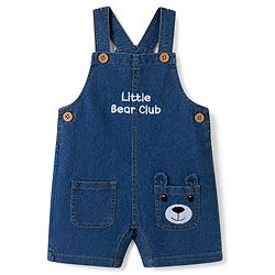 Babyhug Single Jersey Knit Half Sleeves Striped Tee With Bear Face & Text Embroidered Denim Dungaree - Navy & Yellow