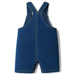 Babyhug Single Jersey Knit Half Sleeves Striped Tee With Bear Face & Text Embroidered Denim Dungaree - Navy & Yellow
