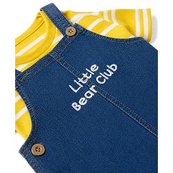 Babyhug Single Jersey Knit Half Sleeves Striped Tee With Bear Face & Text Embroidered Denim Dungaree - Navy & Yellow