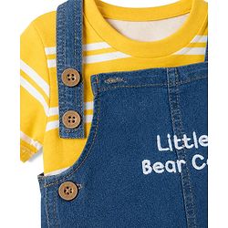 Babyhug Single Jersey Knit Half Sleeves Striped Tee With Bear Face & Text Embroidered Denim Dungaree - Navy & Yellow