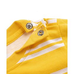 Babyhug Single Jersey Knit Half Sleeves Striped Tee With Bear Face & Text Embroidered Denim Dungaree - Navy & Yellow