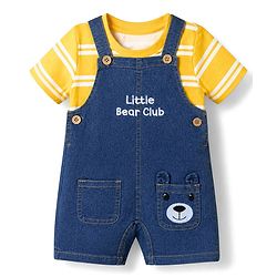 Babyhug Single Jersey Knit Half Sleeves Striped Tee With Bear Face & Text Embroidered Denim Dungaree - Navy & Yellow