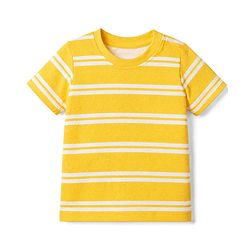 Babyhug Single Jersey Knit Half Sleeves Striped Tee With Bear Face & Text Embroidered Denim Dungaree - Navy & Yellow