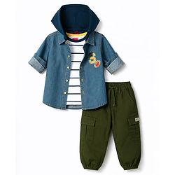 Babyhug Single Jersey Woven Half Sleeves Striped T-Shirt & Joggers Set With Hooded Denim Jacket - Blue Grey & Green