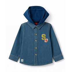 Babyhug Single Jersey Woven Half Sleeves Striped T-Shirt & Joggers Set With Hooded Denim Jacket - Blue Grey & Green