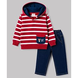 Babyhug Terry Knit Full Sleeves Hooded Striped T-Shirt & Denim Jeans - Red & Blue