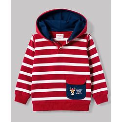 Babyhug Terry Knit Full Sleeves Hooded Striped T-Shirt & Denim Jeans - Red & Blue