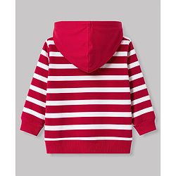 Babyhug Terry Knit Full Sleeves Hooded Striped T-Shirt & Denim Jeans - Red & Blue