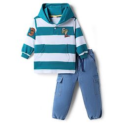 Babyhug Terry Knit Full Sleeves Hooded Striped T-Shirt & Denim Jeans Set - Teal Blue