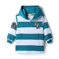 Babyhug Terry Knit Full Sleeves Hooded Striped T-Shirt & Denim Jeans Set - Teal Blue