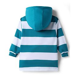 Babyhug Terry Knit Full Sleeves Hooded Striped T-Shirt & Denim Jeans Set - Teal Blue