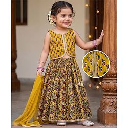 Babyhug Cambric Woven Sleeveless Floral Printed Lehenga Choli Set With Dupatta - Mustard