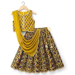 Babyhug Cambric Woven Sleeveless Floral Printed Lehenga Choli Set With Dupatta - Mustard