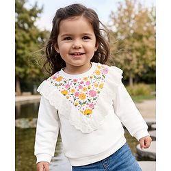 Babyhug 100% Cotton Knit Sweatshirt with Full Sleeves & Floral Print - White