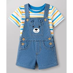 Babyhug Single Jersey Knit Half Sleeves Striped Tee With Bear Face Embroidered Denim Dungaree - Blue & White