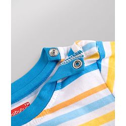 Babyhug Single Jersey Knit Half Sleeves Striped Tee With Bear Face Embroidered Denim Dungaree - Blue & White