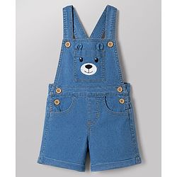 Babyhug Single Jersey Knit Half Sleeves Striped Tee With Bear Face Embroidered Denim Dungaree - Blue & White