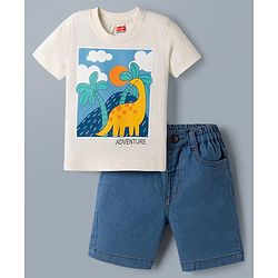 Babyhug Single Jersey Knit Half Sleeves T-Shirt & Denim Shorts Set with Dino Print - White