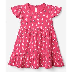 Babyhug Cotton Knit Frill Sleeves Floral Printed Frock - Dark Pink